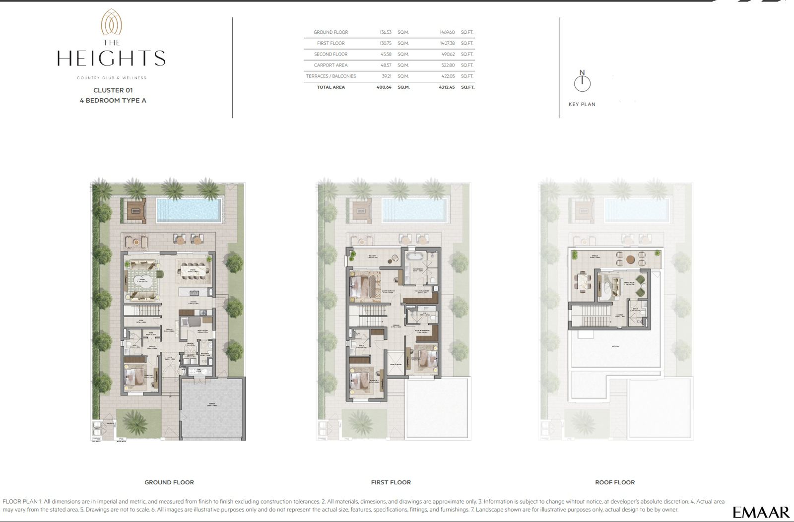 THE HEIGHTS 4-Bedroom Villa Floor Plan - Types A, B, C with ground, first, and second floor layout by Emaar Dubai