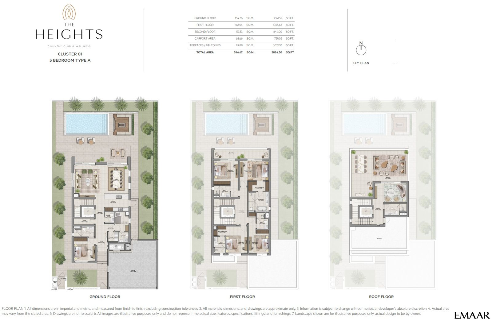 THE HEIGHTS 5-Bedroom Villa Floor Plan - Types A, B, C luxury layout with ground, first, and second floor by Emaar Dubai