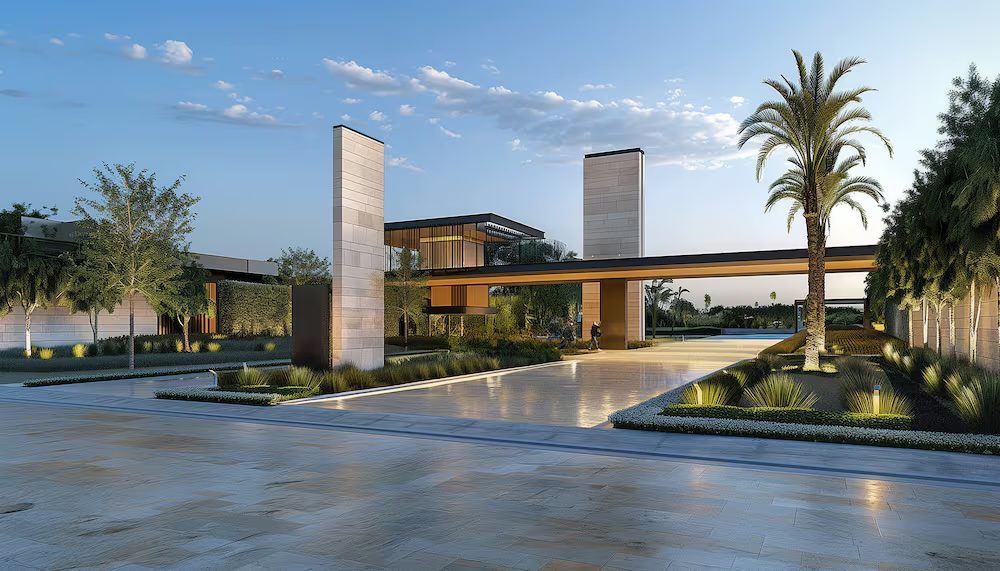 Grand entrance to THE HEIGHTS Country Club featuring palm-lined driveway and luxury architectural design Dubai