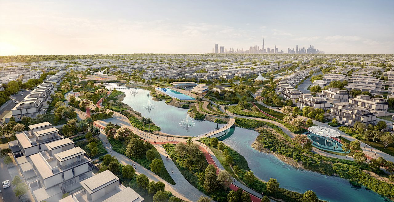 Aerial view of THE HEIGHTS Emaar community with luxury villas and townhouses surrounded by green landscapes Dubai
