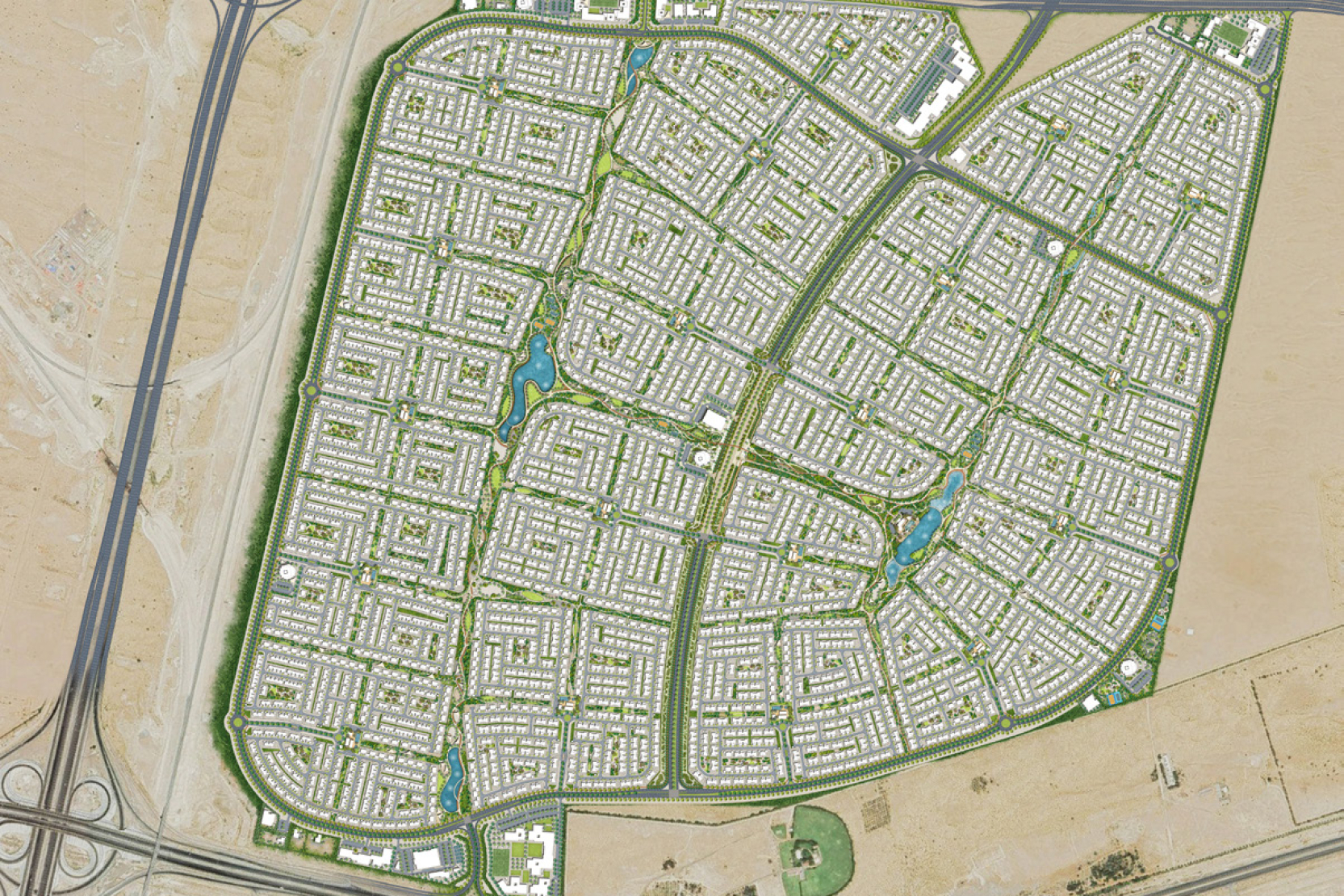 THE HEIGHTS master plan aerial view by Emaar showing 11,600 homes across 81 million sq ft wellness community in South Dubai near Al Maktoum Airport