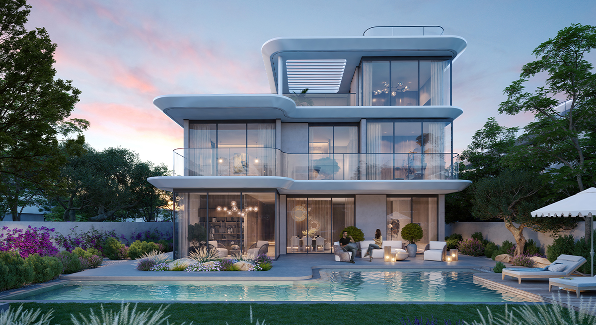 THE HEIGHTS signature 5-bedroom villa with infinity pool at sunset showing luxury Emaar living in South Dubai