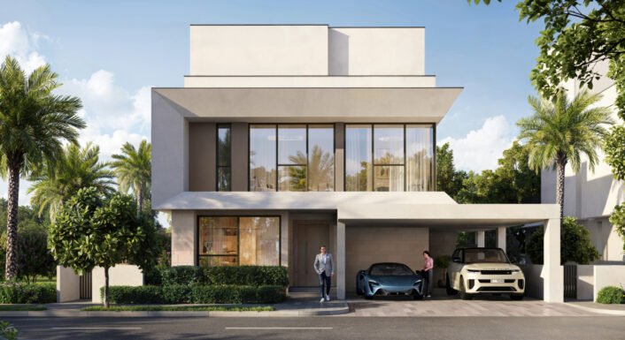 THE HEIGHTS 3-bedroom townhouse exterior view with modern architecture and landscaped garden by Emaar South Dubai